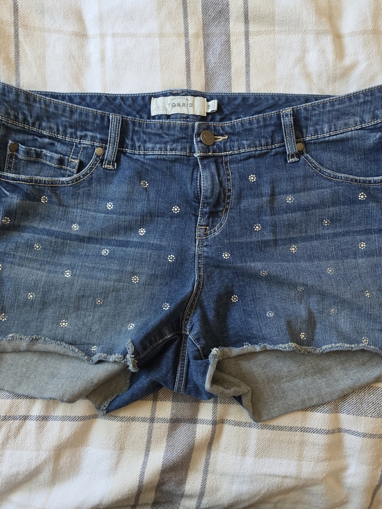 torrid Pants - torrid Blue Denim Studded Cuffed Jean Shorts